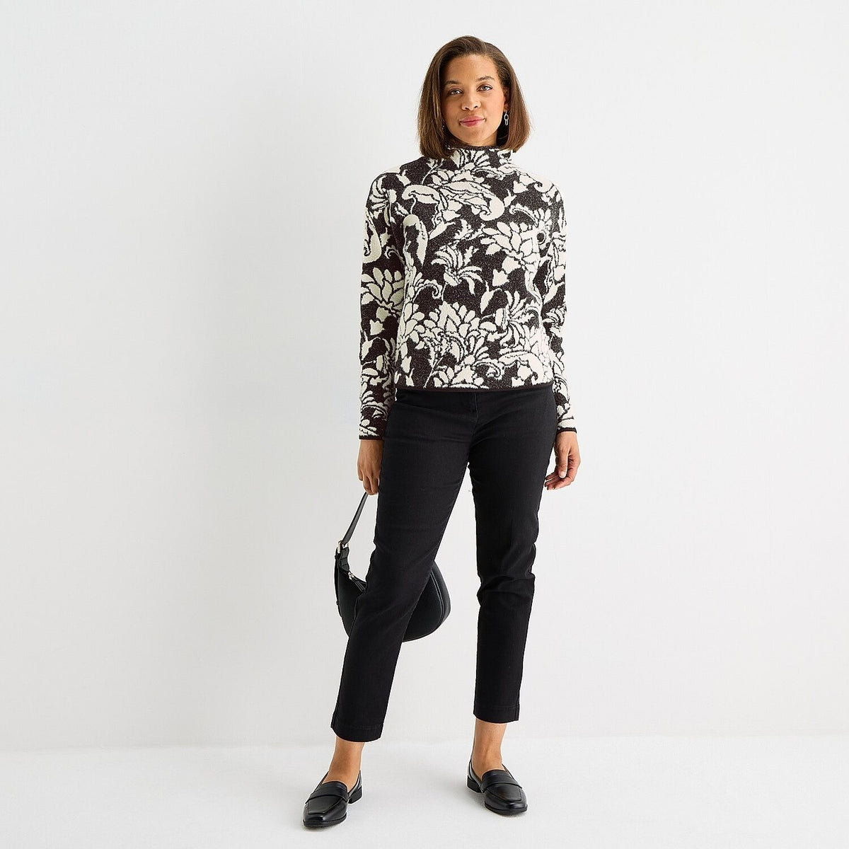 MSRP $58 Liz Claiborne Womens XL Black Floral Funnel Neck Pullover Sweater Long