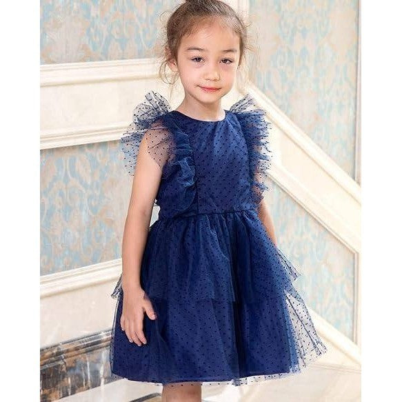 NWT Peaches Petal 2T Navy Flower Girl Toddler Dress Ruffled Sleeve Tulle Dress