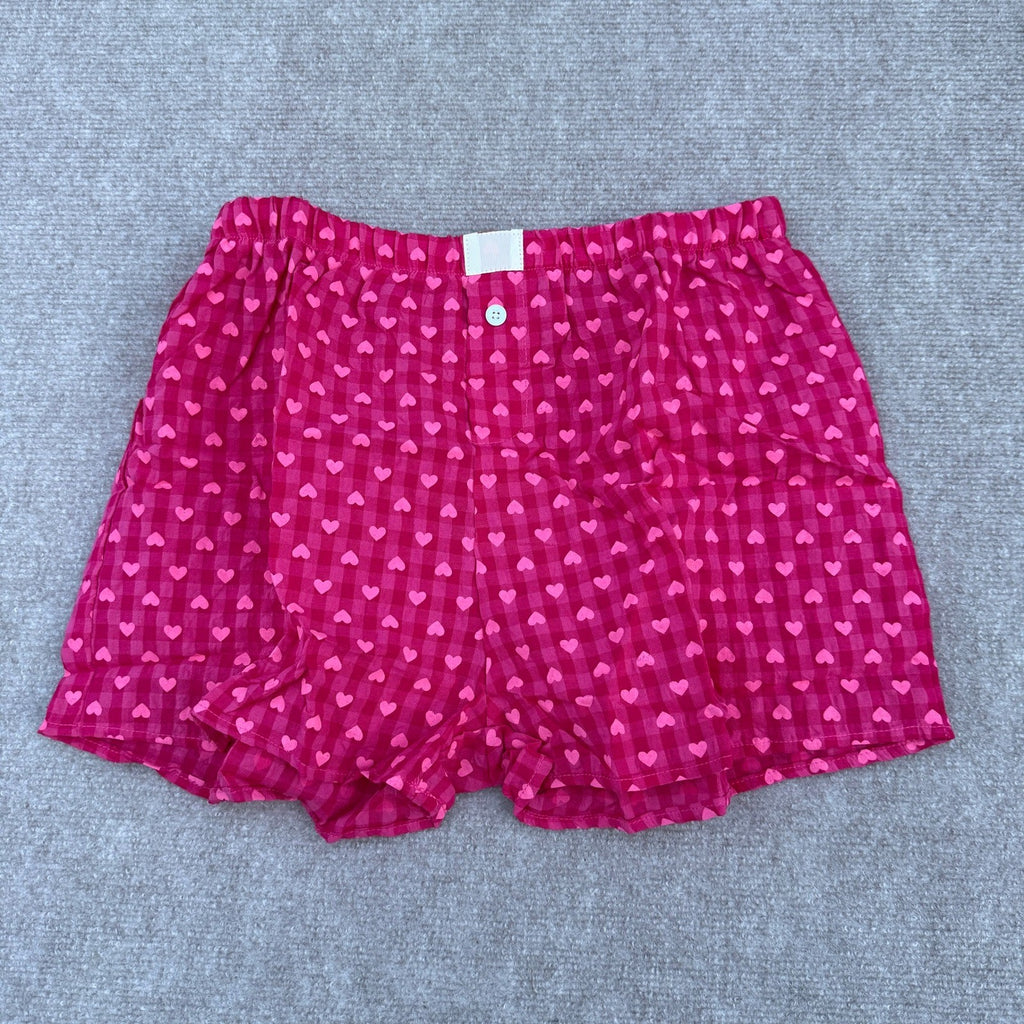 Women's Pink Heart Print M Pajama Shorts Micro Button Boxers Elastic Waist Cute