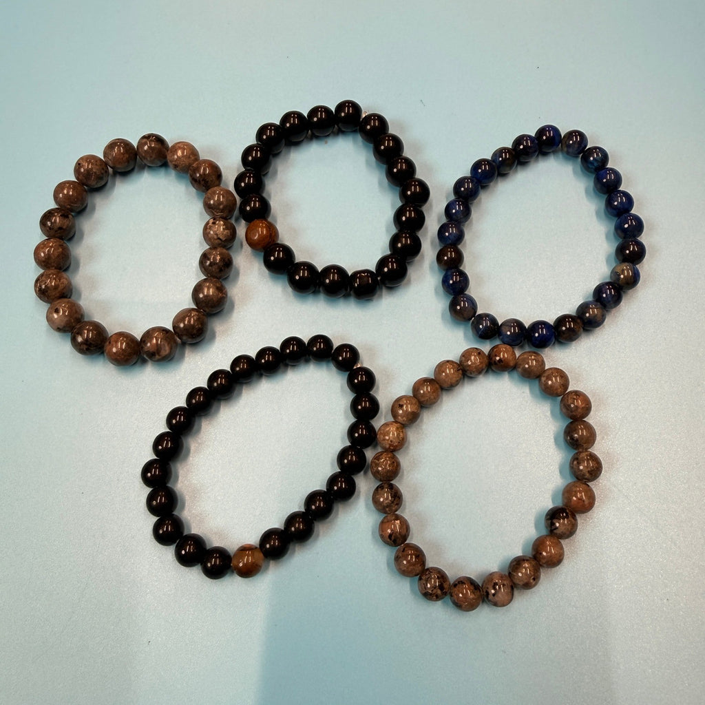 Set of 5 Natural Gemstone Round Beads Stretch Bracelets, 4oz, №B54