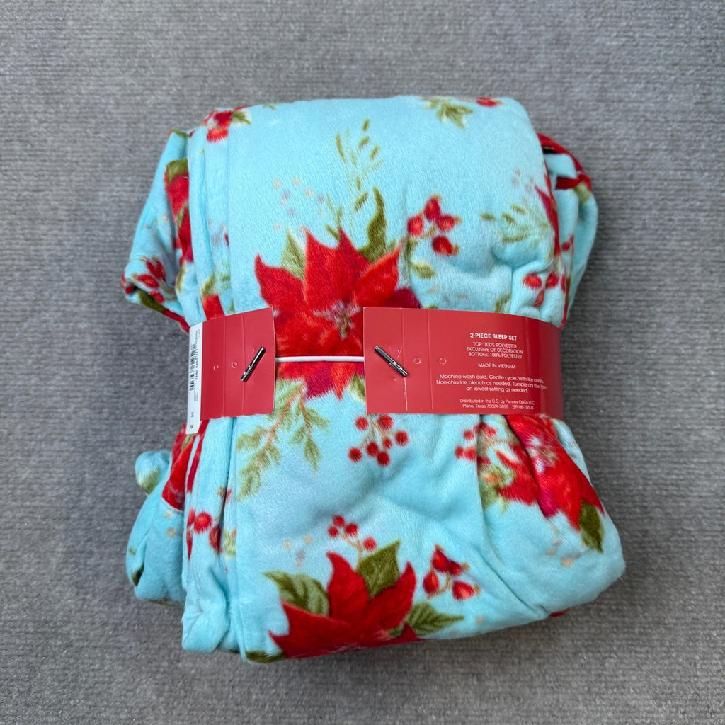 Adonna Womens 3X Aqua Poinsetta Fleece Long Sleeve 2 Piece Pajama Set