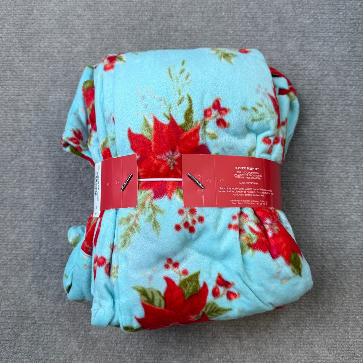 Adonna Womens 3X Aqua Poinsetta Fleece Long Sleeve 2 Piece Pajama Set