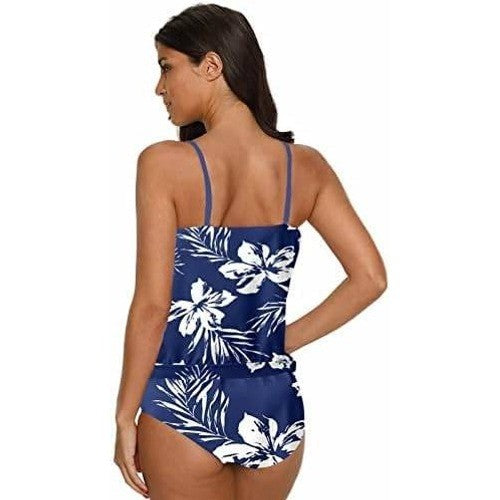 MSRP $44 Chenghe Women's 3XL Blue Flower Two Piece Bandeau Tankini Swimsuits