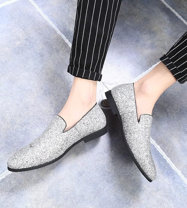 Santimon Men's US 6.5 - 12.5 Silver Glitter Slip-On Loafers Sequin Dress Shoes