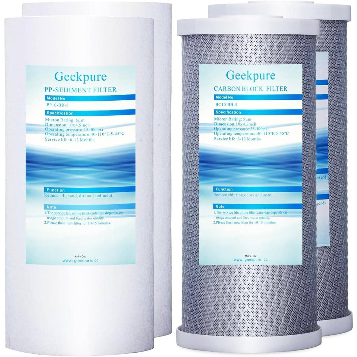 Pack of 4 Geekpure 10" Whole House PP and Carbon Filters-4.5 x 10 Inch-5 Micron