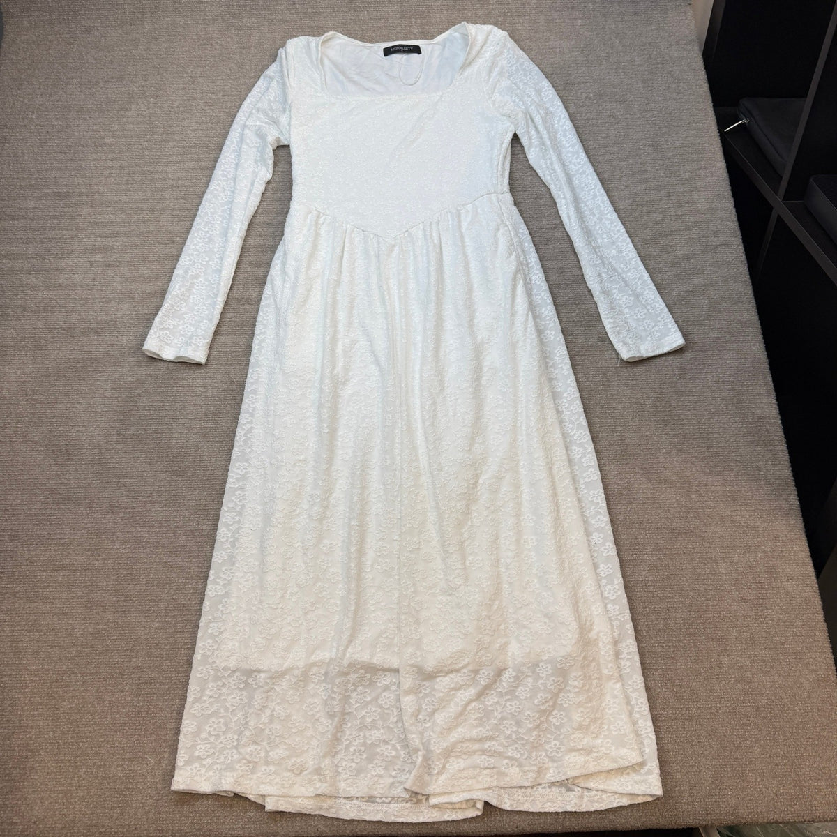 MSRP $30 MEROKEETY Women's S White Floral Midi Dress Long Sleeve Square Neck