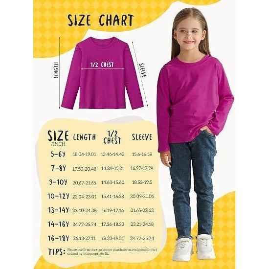 HoeVou Girls 14-16Y White Long Sleeve Shirts Youth Cotton T-Shirts Tagless Laye