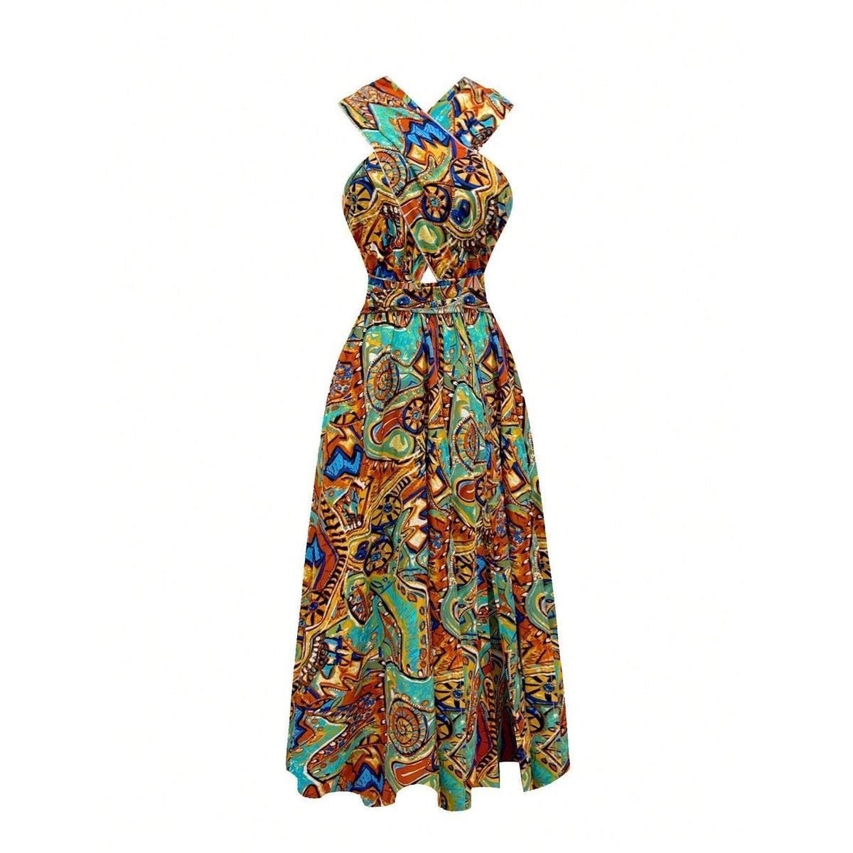SHEIN Women's M Floral Print Vacation Halter Neck Tie Waist Split Dress Maxi Ou