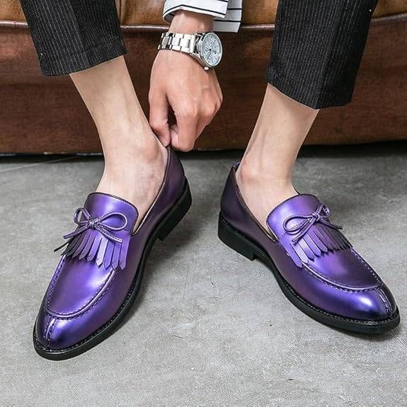 Santimon Men's US 8 Purple Moc Toe Kiltie Bow Slip On Loafers Casual Boat Shoes