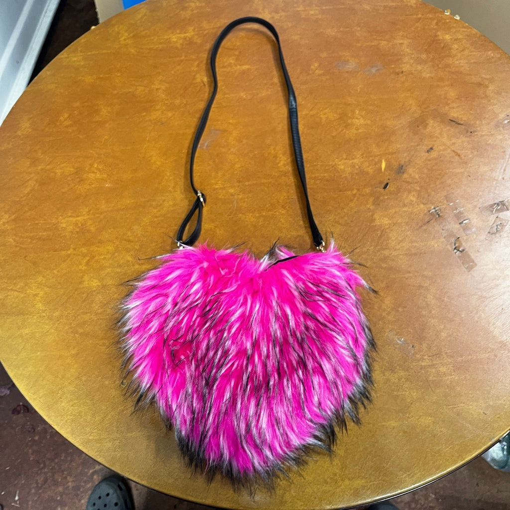 Womens Rose Pink Plush Heart Shaped Crossbody Fur Fluffy Shoulder Bag Purse