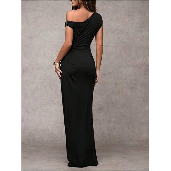 MSRP $65 Verdusa Women's M Black Off The Shoulder Maxi Dress Asymmetrical Ruch