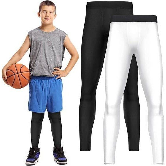 Set of 2 Boys XS White, Black Compression Leggings Youth Athletic Basketball Ru