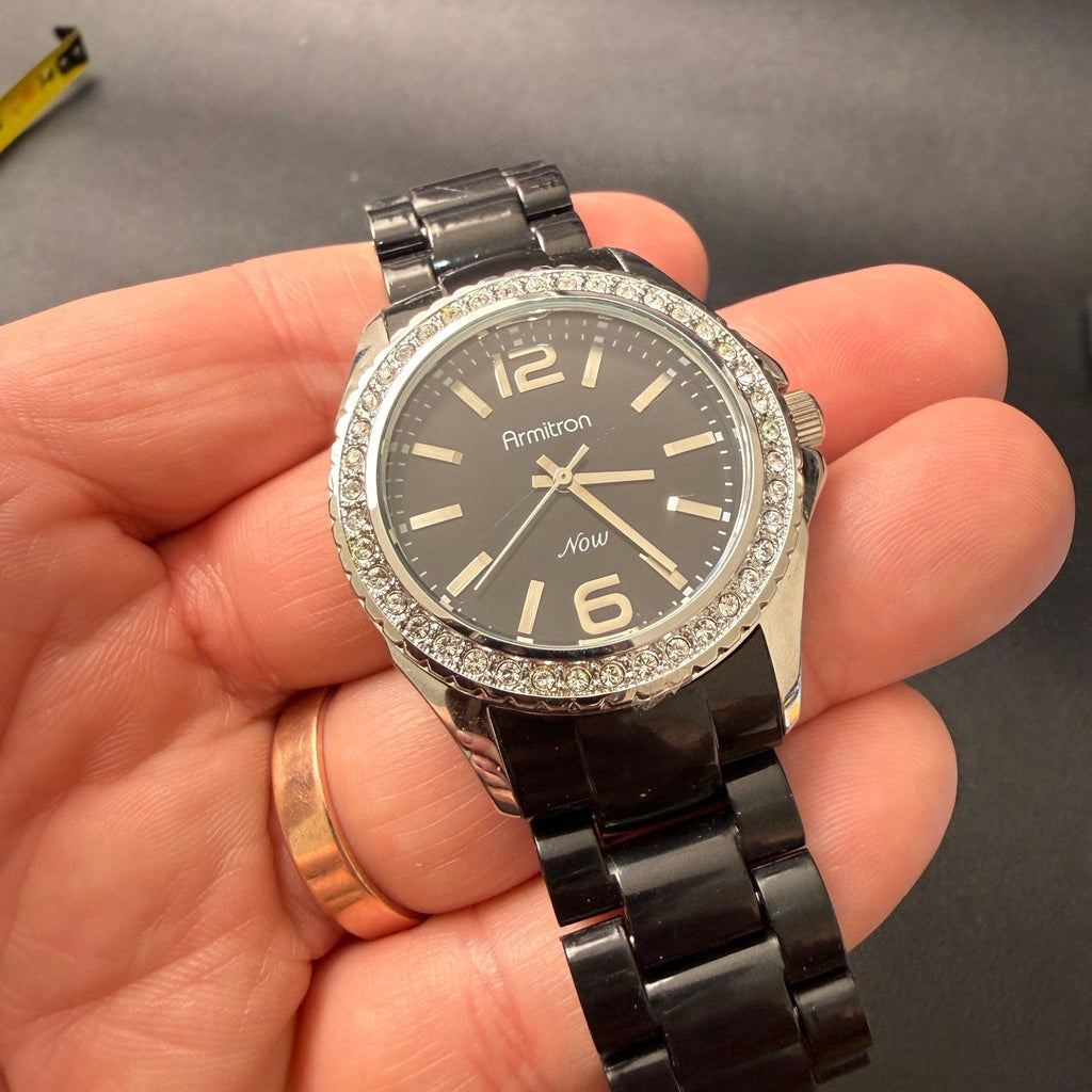 Armitron Now 75/3935SV Women's Silver Tone Quartz Black Band Watch New Battery