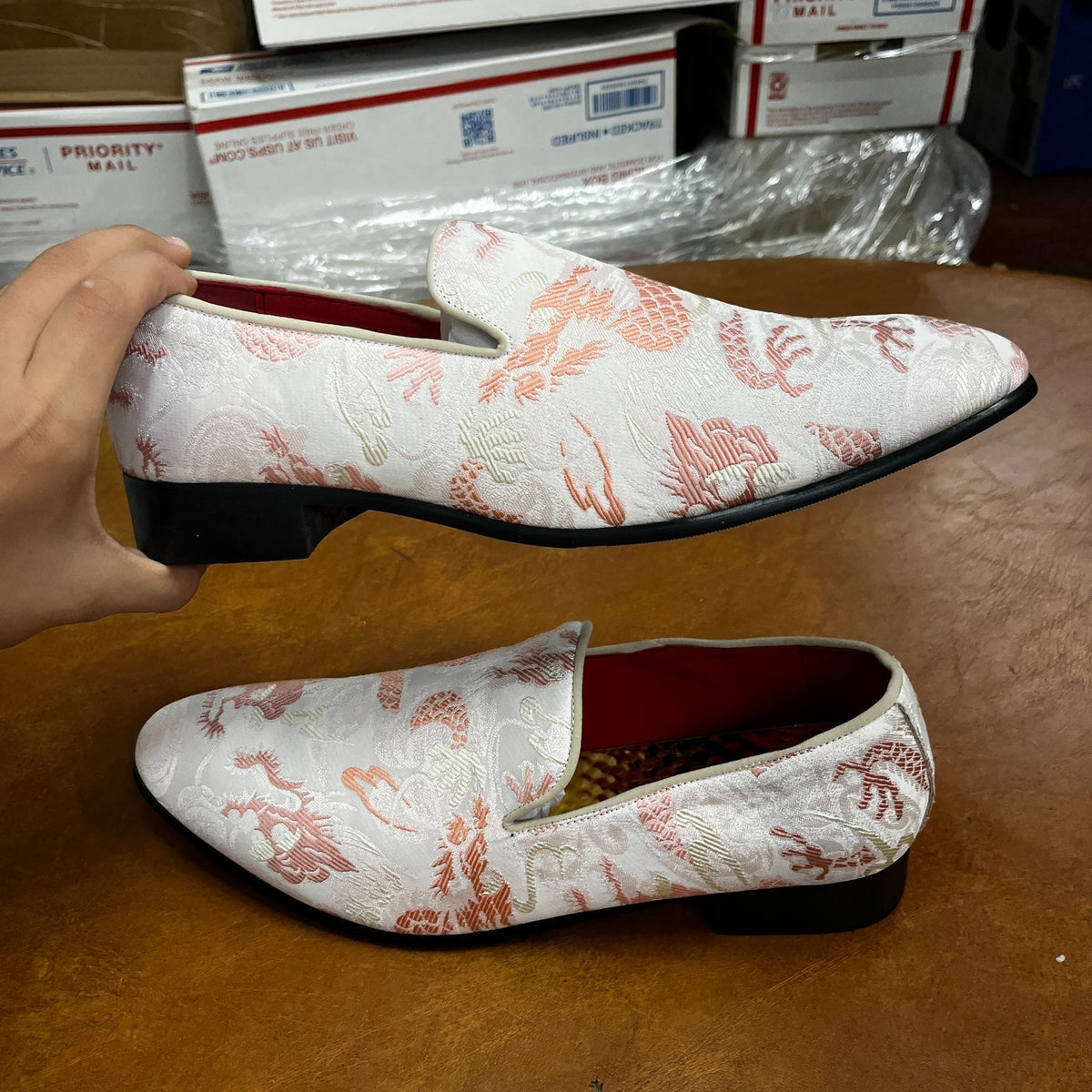 Santimon Men's US 7 - 12.5 Pink Casual Embroidery Smoking Loafers Dress Shoes