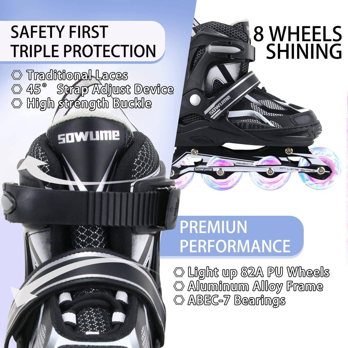 Sowume Black Sz S Adjustable Inline Skates for Little Kids Girls and Boys, Rol