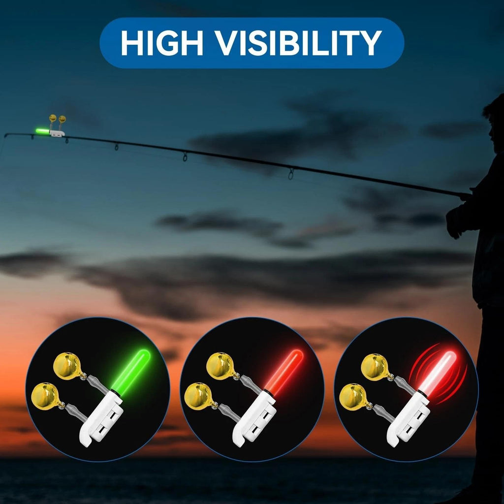 Set of 3 Fishing Rod Tip Lights LED Glow Sticks Bite Alarm Bells Red, Green