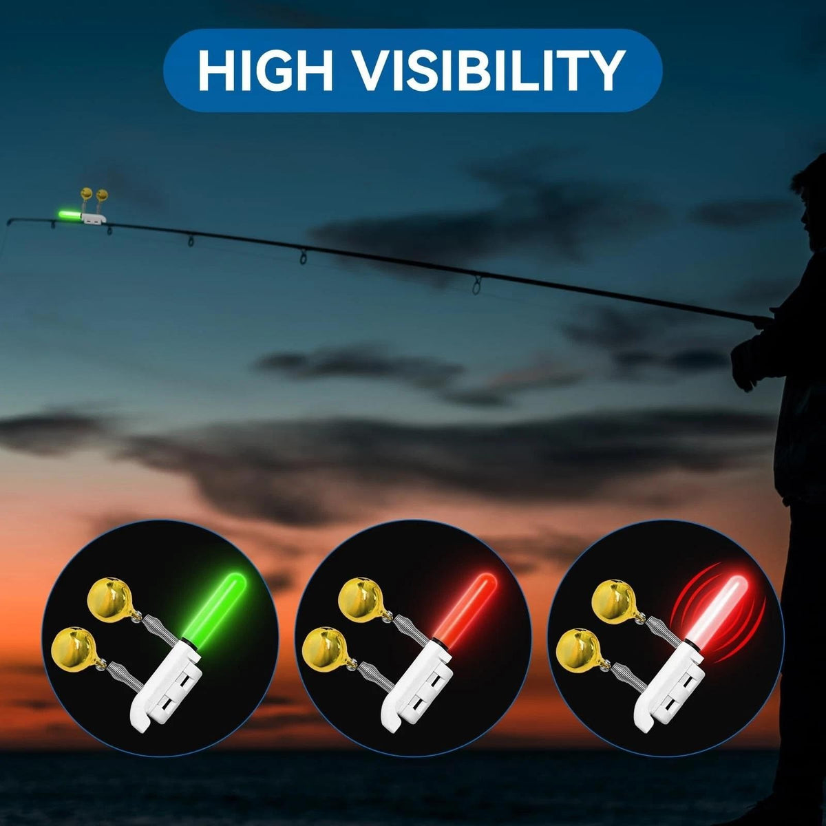 Set of 3 Fishing Rod Tip Lights LED Glow Sticks Bite Alarm Bells Red, Green
