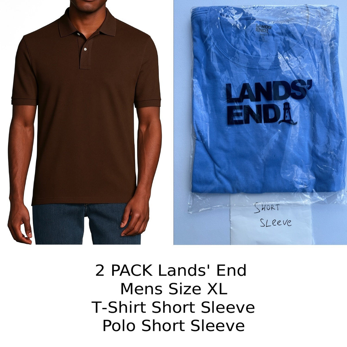 2 Pack Lands' End Mens XL Short Sleeve - Rich Coffee Polo & Chicory Blue T-Shirt