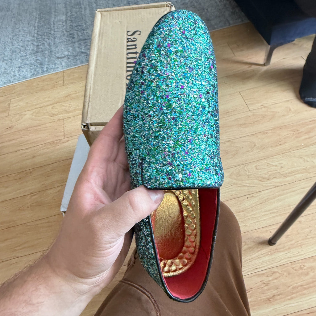 Santimon Men's US 7 - 12.5 Cyan Glitter Slip On Loafers Sequin Dress Shoes