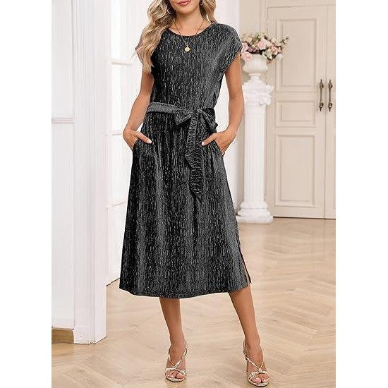 Happy Sailed L Black Sleeveless Crewneck Velvet Casual Midi Dress with Pockets