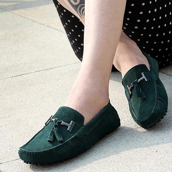 Santimon Men's US 9 Green Suede Tassels Slip-On Loafers Casual Dress Shoes