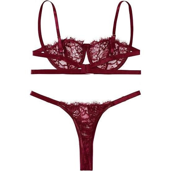 MSRP $20 Lilosy S Burgundy Red Two Piece Sexy Eyelash Underwire Floral Lace