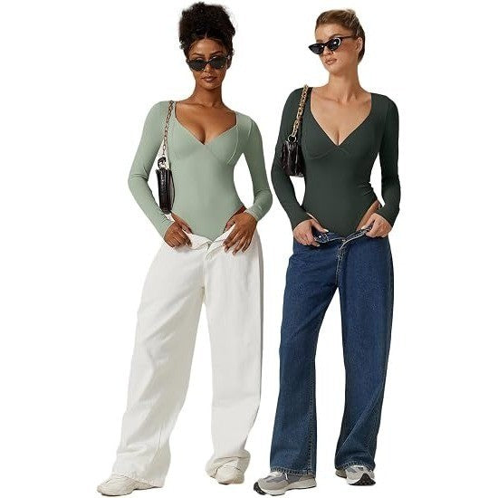 MSRP $30 QINSEN Women's XL Smoke Green Long Sleeve V Neck Body Suits Seamed Cup