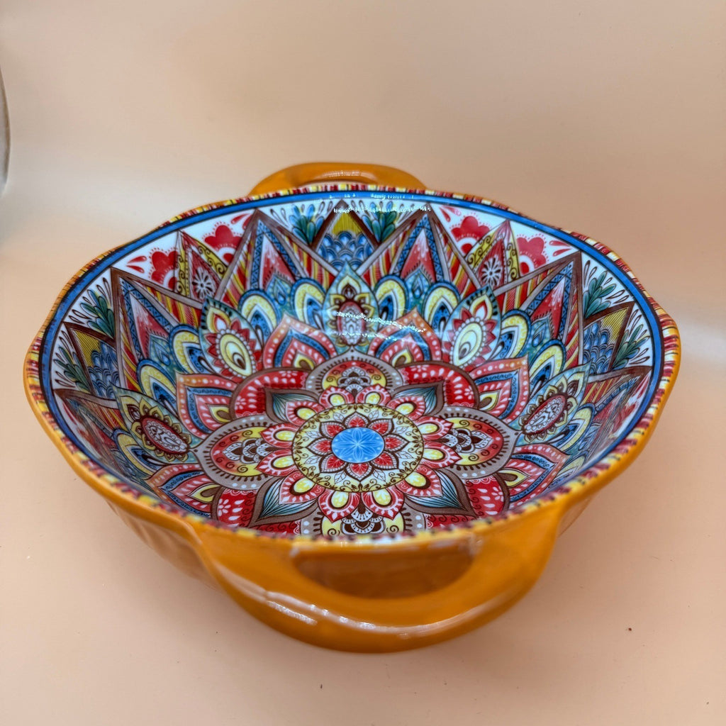 Boho Ceramic Orange Serving Bowl with Handles, Large Porcelain Salad Bowl