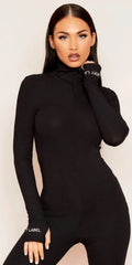 Womens Lucky Label S, M Black Zipper High Neck Long Sleeve Jumpsuit Ribbed
