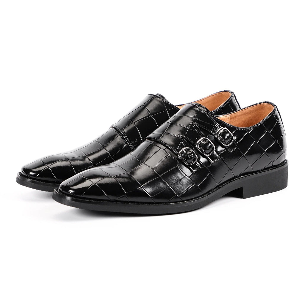Santimon Men's US 10 Black Monk Strap Loafers Triple Buckles Dress Shoes