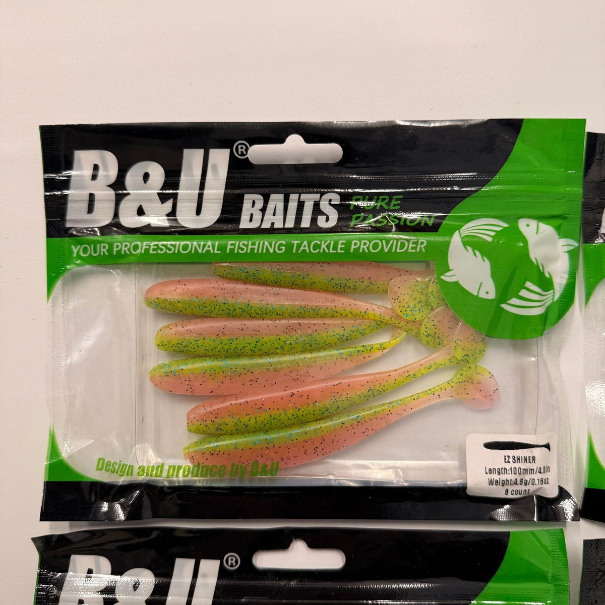 Set of 4 (6 pcs Each) B&U Baits Easy Shiner 4" Fishing Soft Lures Green Pink