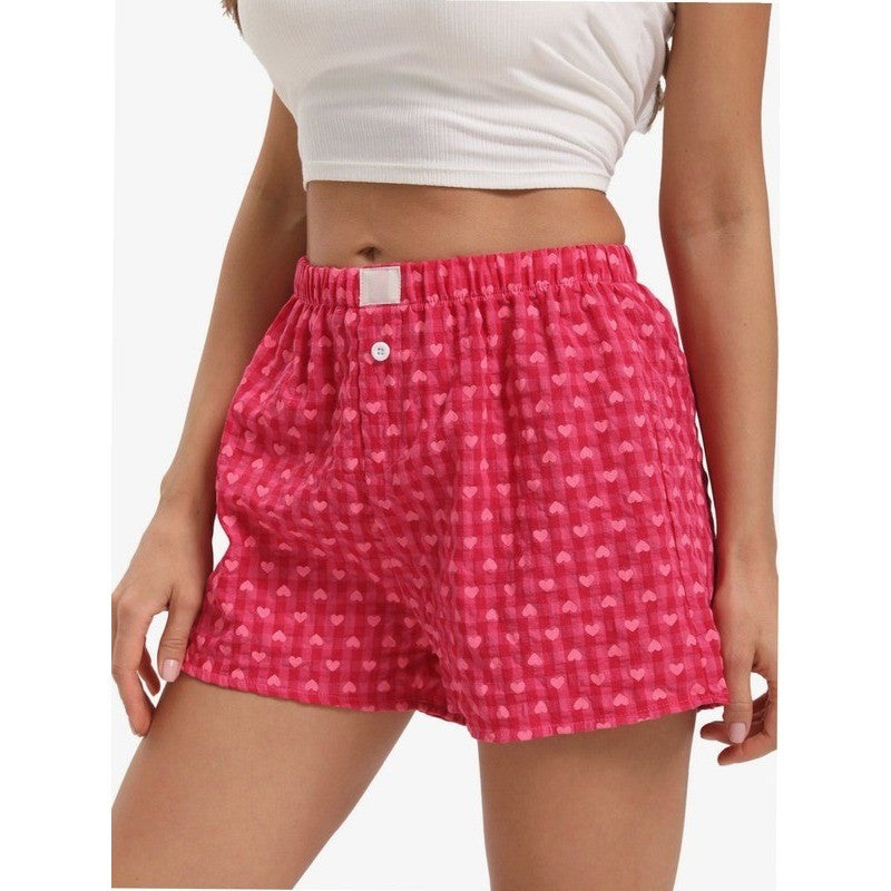Women's Pink Heart Print M Pajama Shorts Micro Button Boxers Elastic Waist Cute