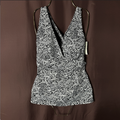 Lands' End Women's XS, XS-M LONG V-Neck Plunge X Back Tankini Top Black/White