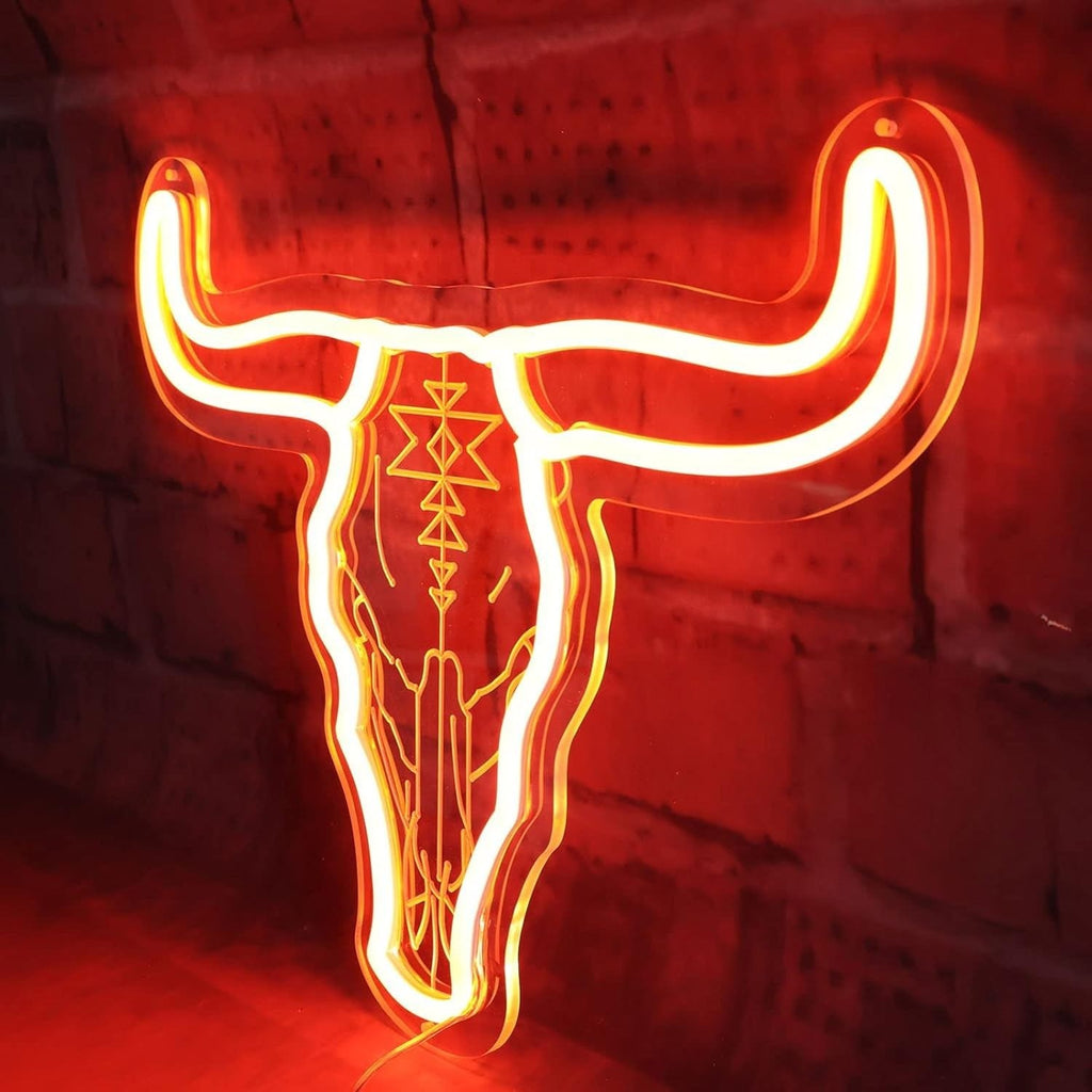 Longhorn Bull Skull Neon Sign For Cowgirl & Cowboy USB Powered Wall Decor, Texa
