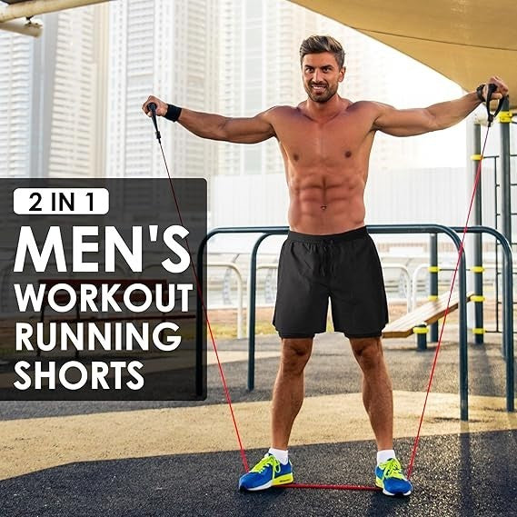 NIMOJIRO Men's M-XL Black 2 in 1 Running Shorts Workout Athletic Training Gym Ou
