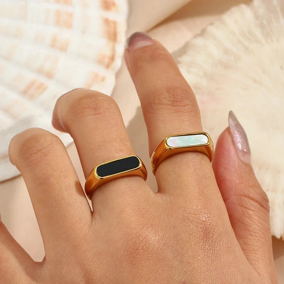 Mother Of Pearl Signet Ring Titanium Steel Gold Tone Unisex Jewelry Size 6-9