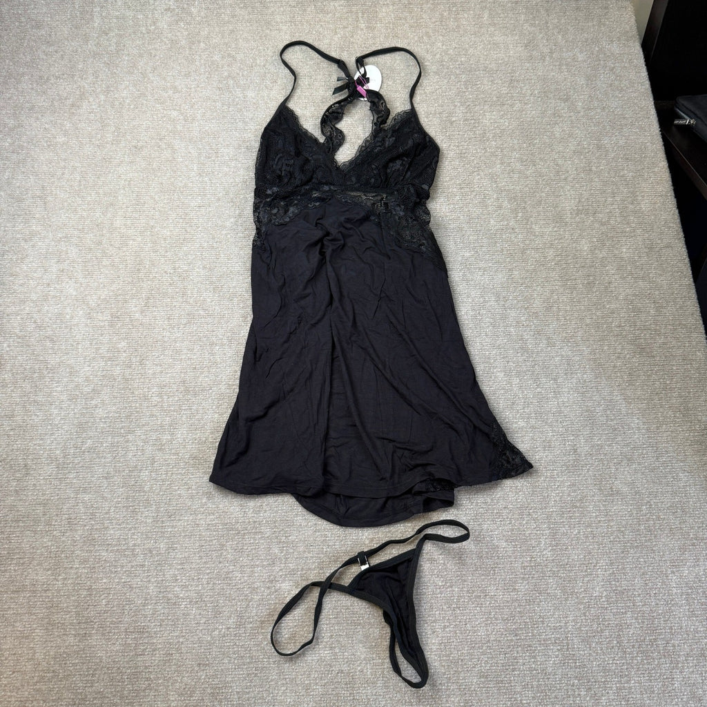 NWT Avidlove Women's M Black Lace Babydoll Nightgown Lingerie Set w/ Thong G-St