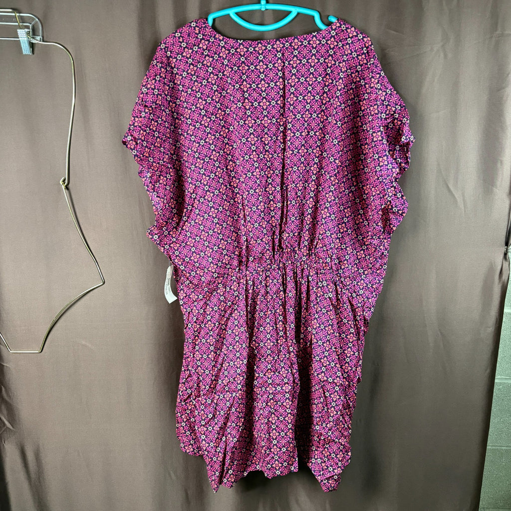 Lands End Womens L-1X LONG Sheer Oversized Short Sleeve Gathered Waist Swim Dres