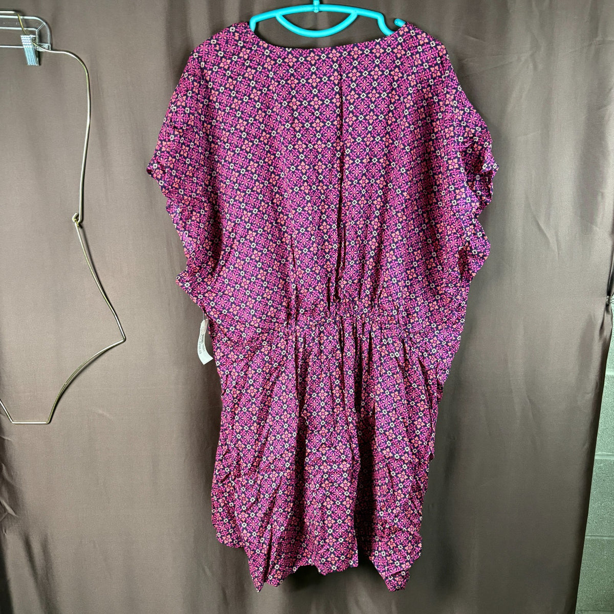 Lands End Womens L-1X LONG Sheer Oversized Short Sleeve Gathered Waist Swim Dres