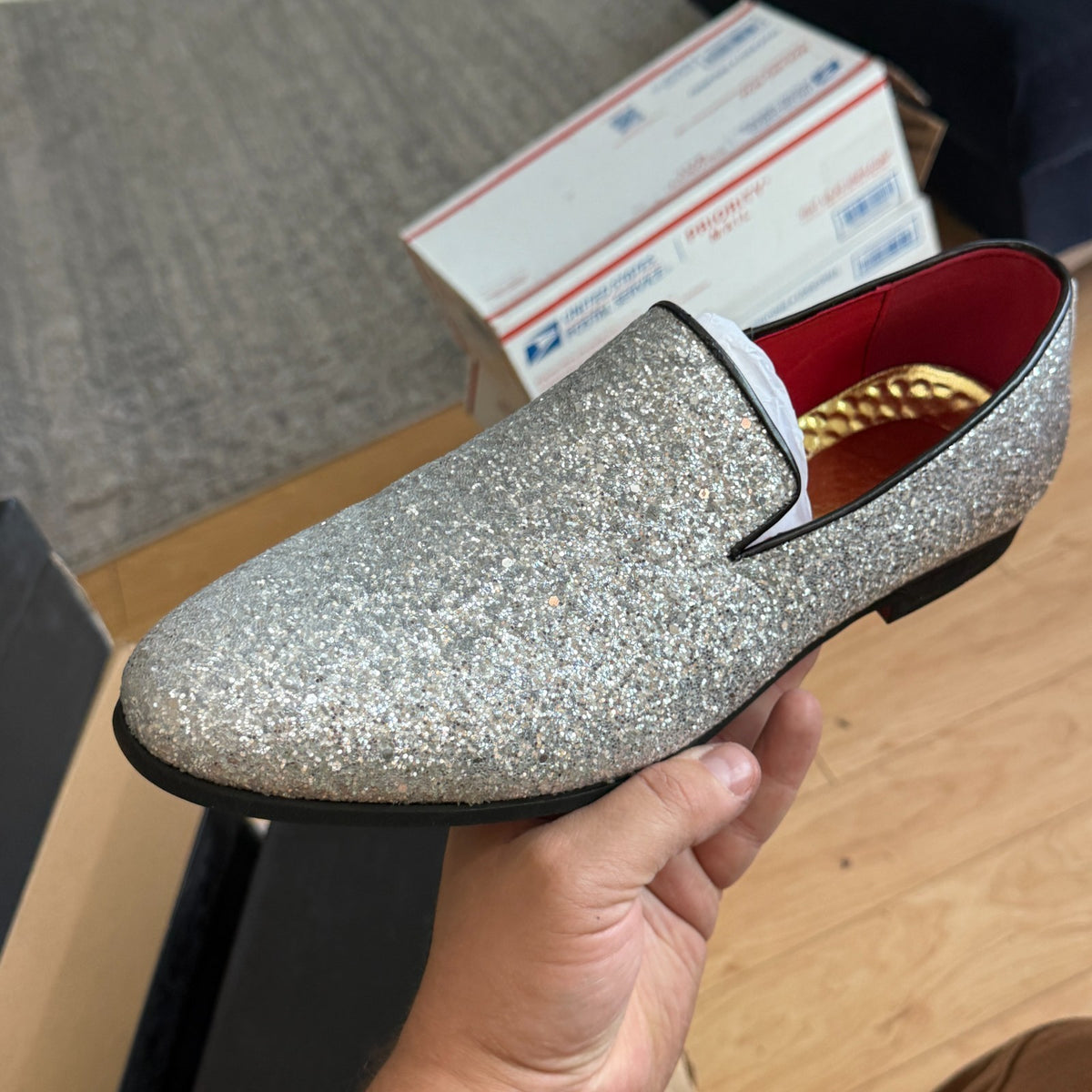Santimon Men's US 6.5 - 12.5 Silver Glitter Slip-On Loafers Sequin Dress Shoes