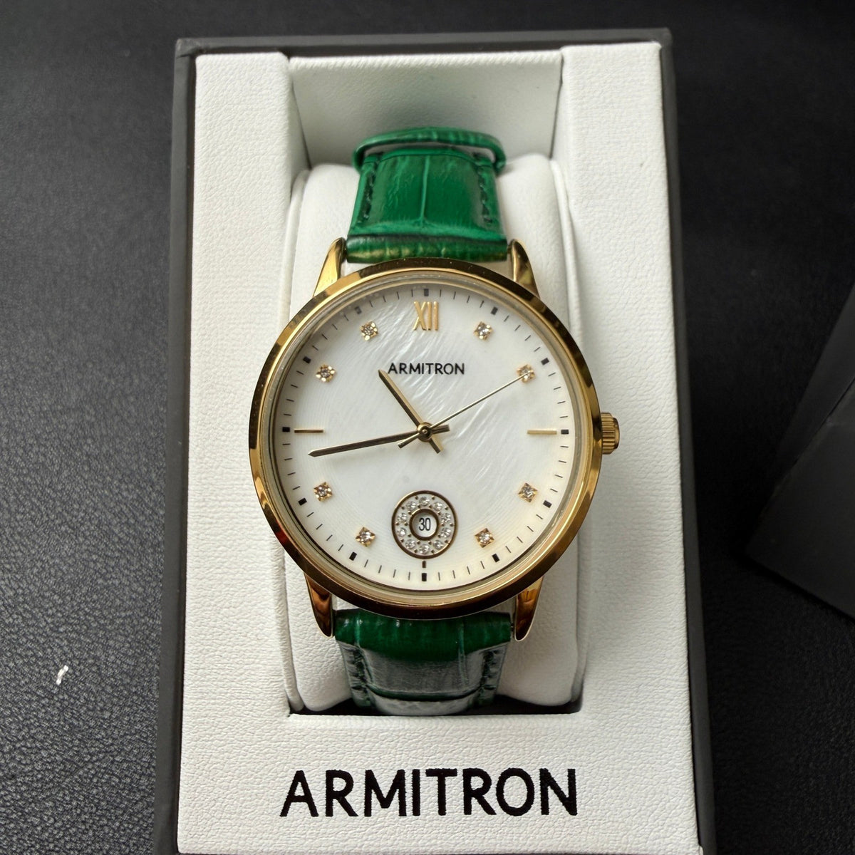 Armitron 75/5834GP Women's Gold Tone Crystal Green Leather Strap Watch New Batt