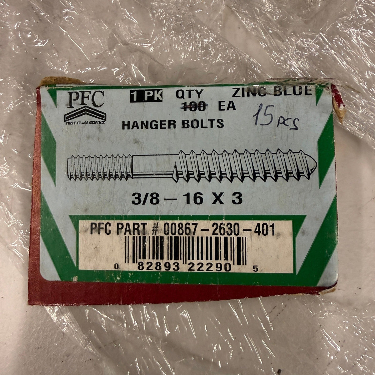 Pack of 15 PFC 3/8-16 x 3" Hanger Bolts Zinc Blue