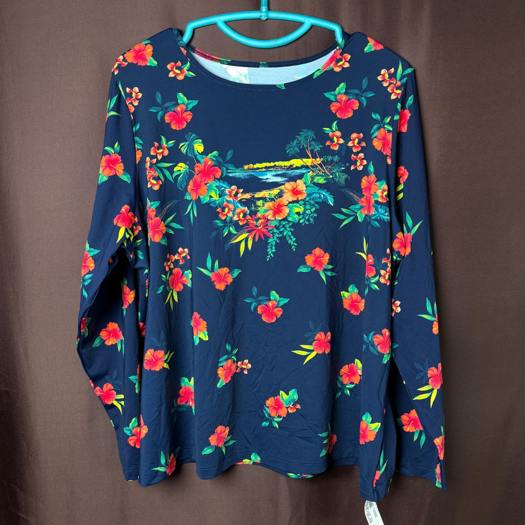 Lands' End Women's M-2X LONG SunShade Long Sleeve Swim Top Relaxed Rash Guard Fl