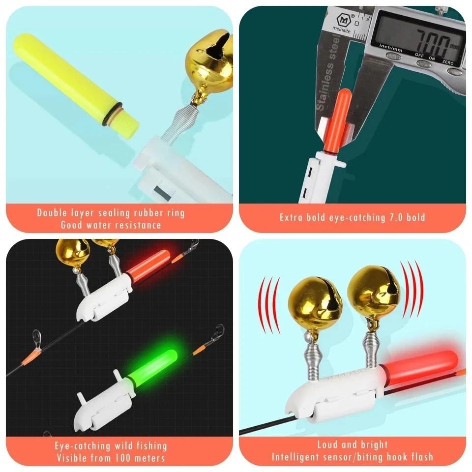 Set of 3 Fishing Rod Tip Lights LED Glow Sticks Bite Alarm Bells Red, Green