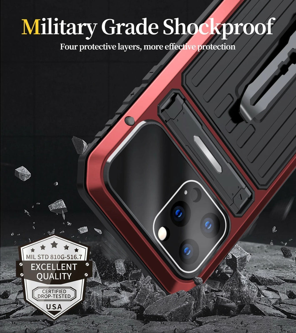 Aluminium Shockproof Case for iPhone 12–14 Pro / Pro Max Built-in Tempered Glass