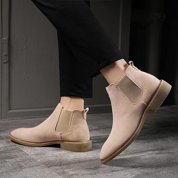 Santimon Men's US 6-6.5 Beige Suede Casual Chelsea Ankle Dress Boots