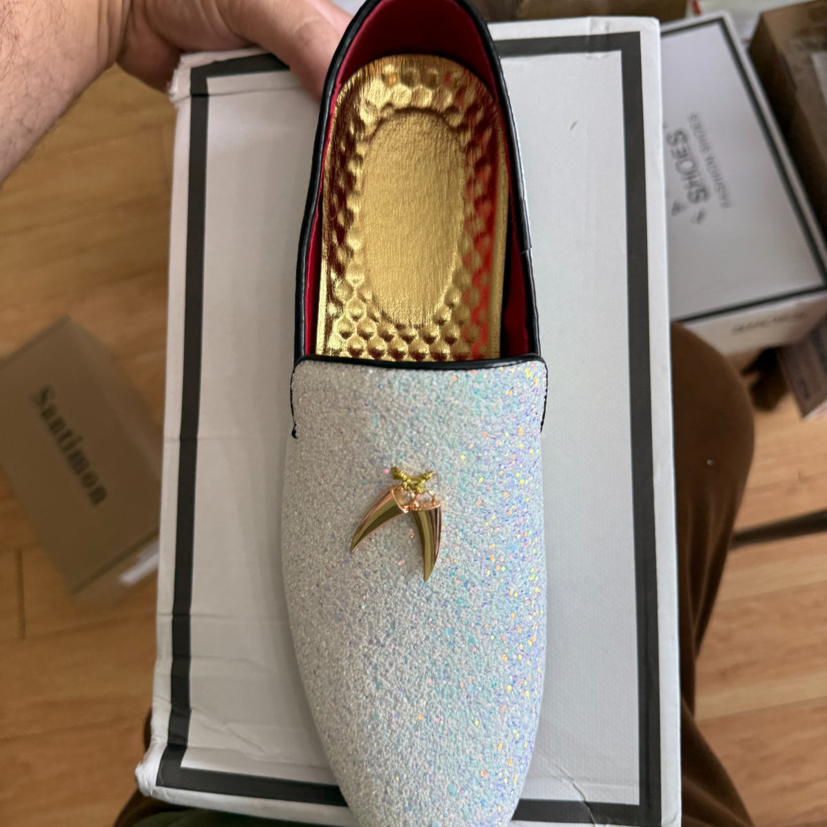Santimon Men's US 6.5 - 12.5 White Glitter Slip-on Metal Tassels Loafers Shoes