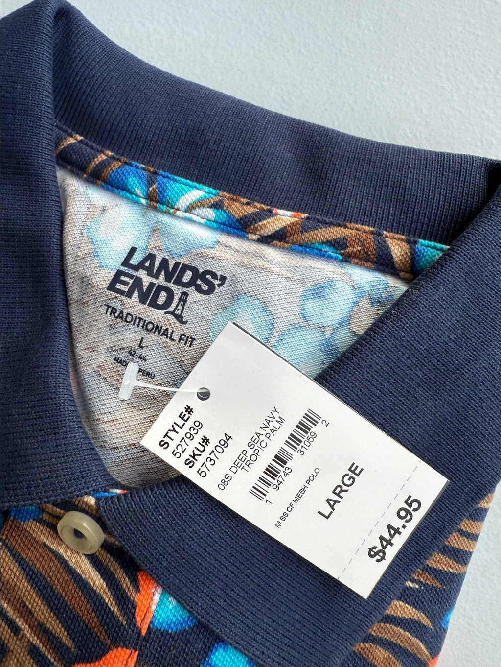 Lands' End M-XL Short Sleeve Hawaiian Men's Polo Shirt Deep Sea Navy Floral Trop