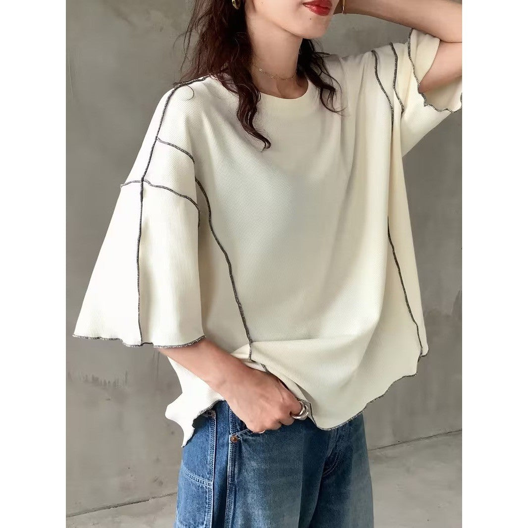 Women's Half Sleeve Oversized T-Shirt Loose Contrast Color Stripe Round Neck T
