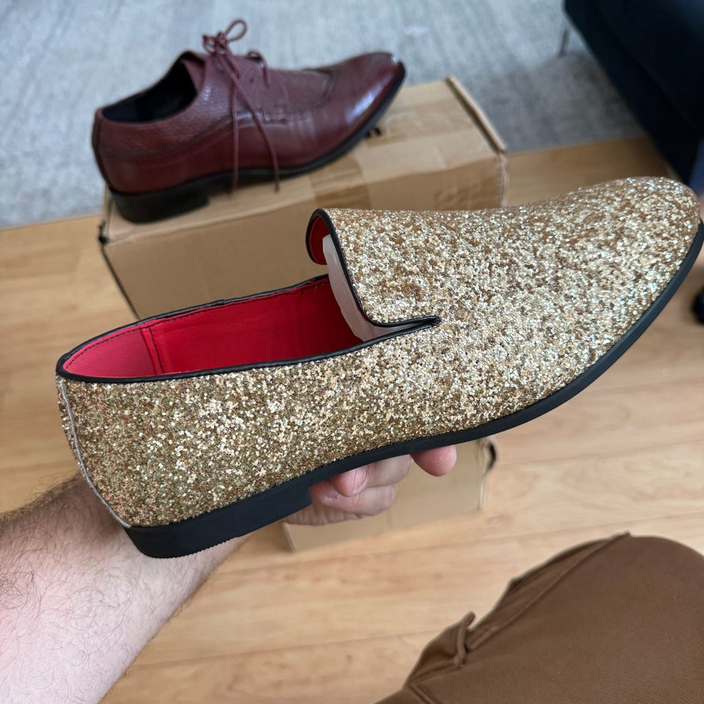 Santimon Men's US 12 Gold Glitter Slip-On Loafers Sequin Dress Shoes